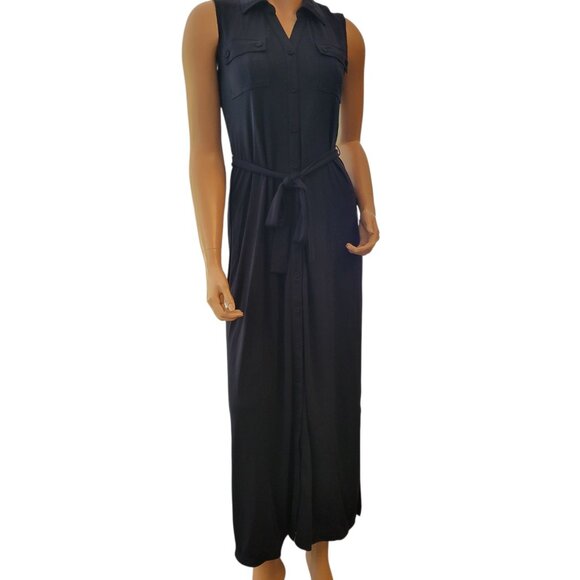 Talbots Womens Sleeveless Maxi Shirt Dress Size Small Navy Collar Slinky New - Picture 1 of 13